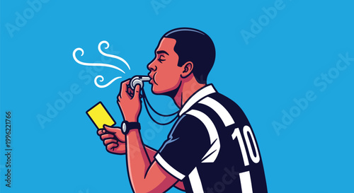 Soccer referee blowing whistle and holding yellow card for penalty warning illustration wearing black and white striped uniform shirt sport concept.