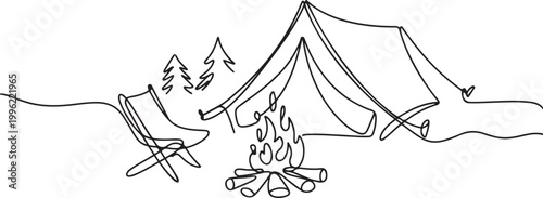 Minimalist one line art illustration of a cozy campsite with a campfire.one line vector illustration on white background
