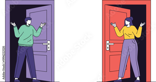 Illustration of Two People Standing at Colorful Doors, Expressing Choice and Decision-Making Concepts