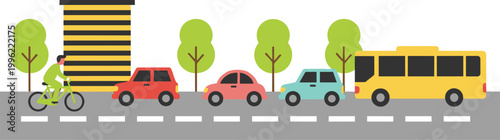 Vector illustration of city street with cyclist, cars, bus, trees, and building representing urban transportation and mobility