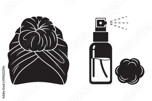 Hair styling turban spray bottle a hair roller icon with headwear, accessory