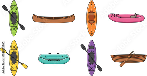 Vector illustration of colorful kayaks, canoes, inflatable boats, rafts, and rowboats for recreation and water sports