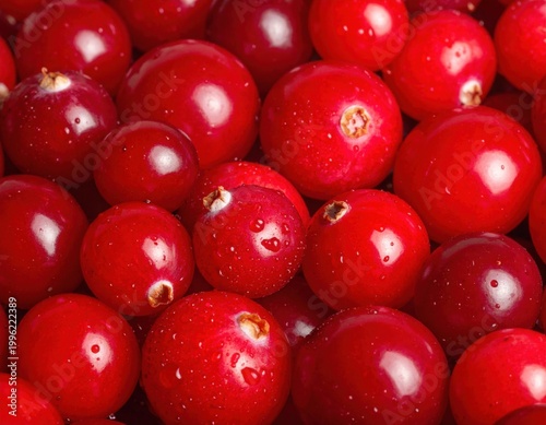 Large group of fresh, ripe, healthy red cranberries glistening with water droplets filling the frame, showcasing their vibrant color and natural texture