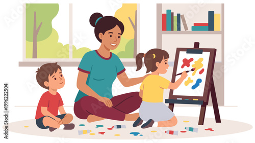 Mother and young children painting on easel in bright colorful room interior vector design.