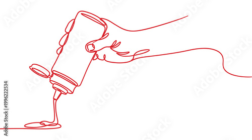 Hand pouring sauce from bottle continuous line minimalist illustration.