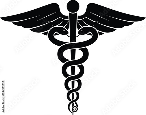 Caduceus medical symbol with staff, wings and serpents, representing healthcare, healing, medicine profession, commerce history and traditional emblem design illustration