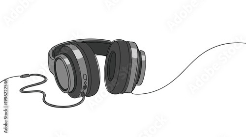 Professional headphones continuous line illustration in grayscale palette.