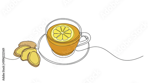 Cup of herbal lemon tea with ginger slices in continuous line art style.
