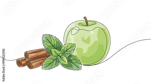 Green apple with mint leaves and cinnamon sticks continuous line drawing.
