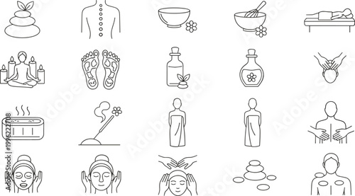Vector illustration of spa and wellness line icons including massage, meditation, aromatherapy, relaxation, and self‑care treatments