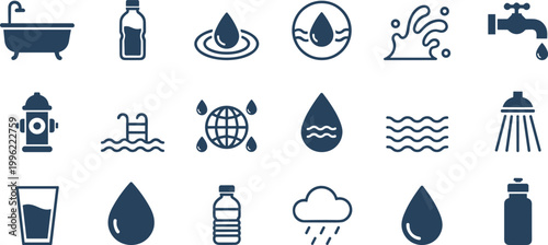 Billede på lærred Vector illustration of water icons including droplets, bottles, faucet, shower,