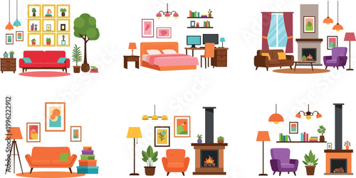 Cozy home interiors collection with living rooms bedrooms and furniture decor scenes isolated on light background vector illustration set