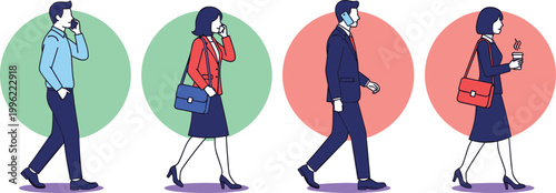 Business Professionals Walking with Briefcases, Smartphones, and Coffee Cups in Stylish Attire - Office Commute Vector Illustration
