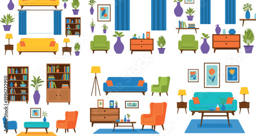 Living room interior collection with furniture decor elements sofas armchairs shelves and plants isolated on light background vector illustration set