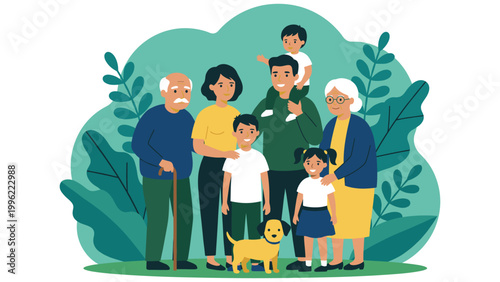 Multi generational family with dog posing happily outdoors against green foliage background.