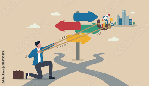 Entrepreneurship ready to launch project work improvement career development, speed business growth concept, brave businessman pull rubber band ready to launch slingshot flight
