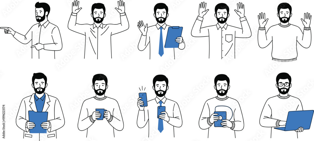 Fototapeta premium Businessman in Various Poses with Different Accessories for Professional Lifestyle Concept Vector Illustration