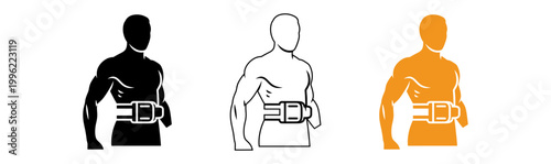 Human torso silhouette with visible muscle structure and belt buckle