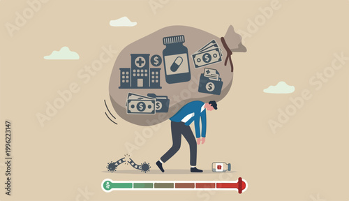 Medical debt, health care and treatment cost from Covid-19 disease, hospital expense drug medicine bills concept, broke bankrupt man carrying medicine to debt burden cure from COVID-19