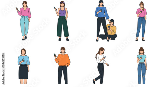 People using smartphones collection with women in casual outfits browsing mobile devices isolated on light background lifestyle vector illustration set