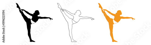 Silhouette of a flexible gymnast performing a dramatic leg extension
