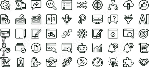 Artificial intelligence prompt optimization workflow outline icon set featuring analytics automation configuration vector collection for dashboards interfaces applications development systems