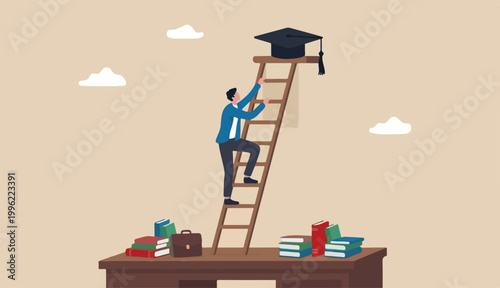 Education degree achievement, graduation college to university diploma, school in learning classroom, wisdom scholar concept, young adult student in climb up Big desk ladder reach or graduate