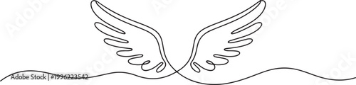 One continuous line of a pair of spread wings. Line art of angel or bird wings on a wavy horizontal line.one line vector illustration on white background