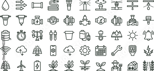 Agriculture irrigation water management outline icon set featuring sprinkler valve sensor monitoring vector collection for dashboards interfaces farming automation systems