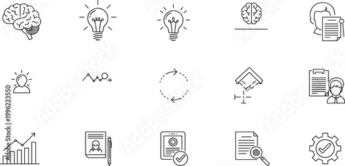 Innovation, Brainstorming, and Business Growth Vector Icons Featuring Ideas, Strategy, and Analysis for Professional Development and Corporate Projects