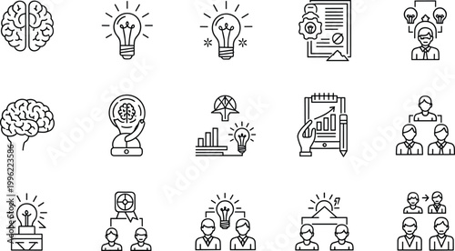 Innovation, Creativity, and Brainstorming Vector Icons Featuring Light Bulbs, Ideas, and Teamwork for Business and Educational Projects