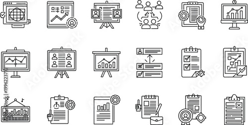 Data Analysis, Reporting, and Collaboration Vector Icons Featuring Charts, Graphs, and Teamwork for Business and Corporate Projects