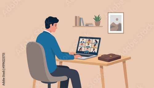 Work from home video conference to meeting team social distancing Coronavirus COVID-19 pandemic concept, office home working chair conference into meeting team laptop computer