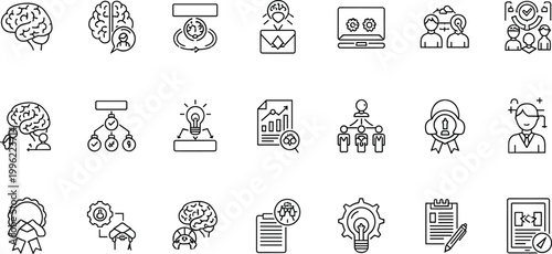 Innovation, Leadership, and Teamwork Vector Icons Featuring Brainstorming, Strategy, Collaboration, and Business Development for Corporate and Educational Projects