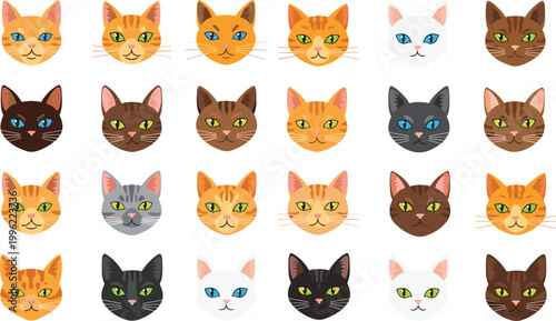 Cat Faces Collection with Different Breeds, Cute Kitty Portraits, and Various Fur Colors for Pet, Animal, and Cartoon Illustration Design