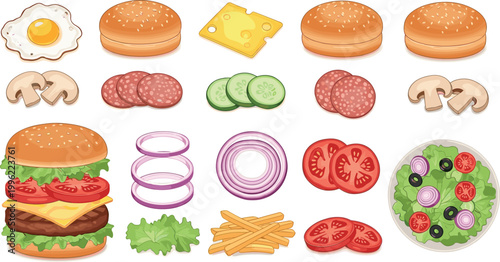 Burger ingredients set with buns, cheese, vegetables and meat isolated, fast food elements collection vector illustration