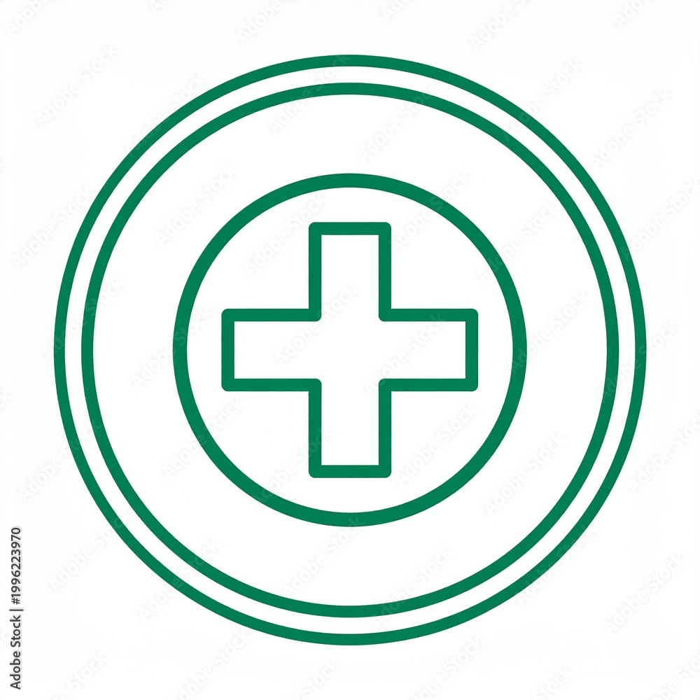 Obraz premium Green medical cross symbol in circular badge design isolated on white background