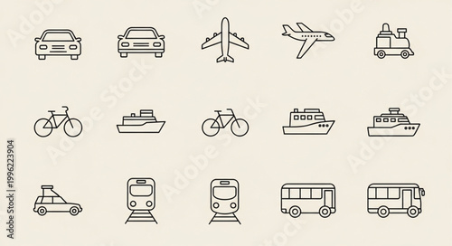 Collection of transportation icons in a linear style.