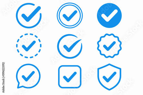 Collection of blue checkmark icons in various circular and shield shapes