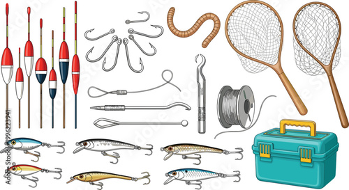 Fishing Gear and Accessories Icon Set Featuring Hooks, Lures, Nets, Floats, Rods, and Tackle Box for Outdoor Fishing Activity Vector Design