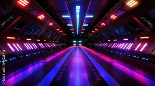 Futuristic spaceship corridor glows with vibrant neon lights long sleek corridor features glowing lines and advanced design