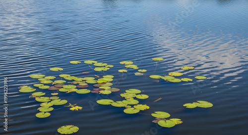 Water lilies floating on the calm blue surface of a lake with gentle ripples, creating a peaceful and serene natural scene