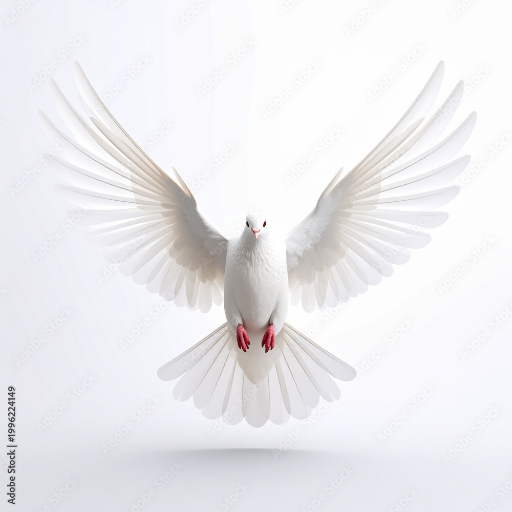 Fototapeta premium white dove flying with wings spread in soft light symbolizing peace and freedom