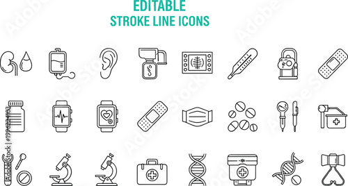 Healthcare medicine line icons, medical devices, DNA strand, stethoscope, pill bottle, thermometer, smartwatch, microscope, editable stroke illustration