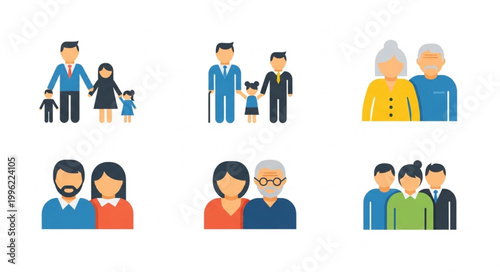 Collection of diverse family unit icons representing different generations and relationships.