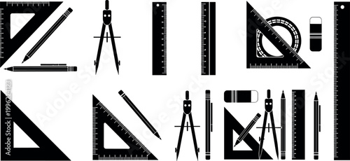 Creative geometric alphabet design made from drafting tools, rulers, compasses and pencils in minimalist black vector style