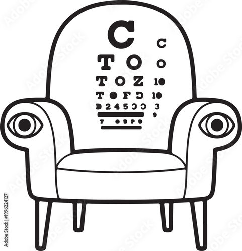eye chart, furniture, chair with eyes, optical test, vision exam, black and white vector