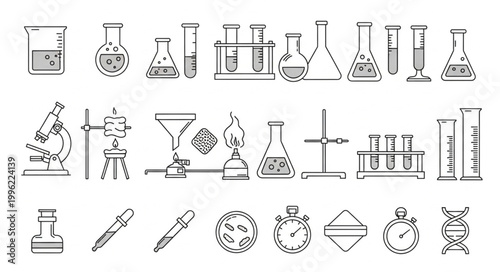 Collection of Scientific Laboratory Equipment and Tools Hand Drawn Sketch Style.