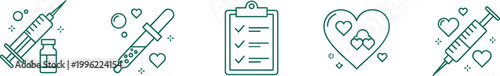 Healthcare syringe vial dropper test tube checklist heart compassion vaccination medical laboratory icons wellness prevention care illustration design vector