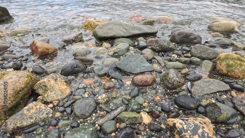 Haines - Alaska - USA - April 21, 2024 - Close up detail of river stones and water along the shore. The various sizes and colors of the stones are visible.